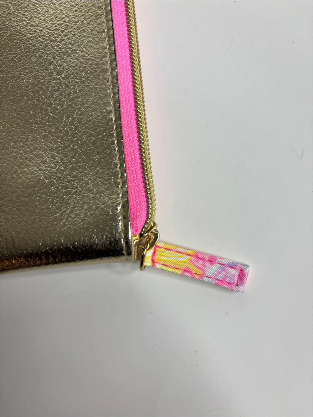 Lilly Pulitzer Gold Metallic Cosmetic Pouch with Pink Trim